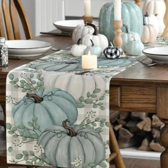 Pumpkin Table Runner Decorative Cloth Thanksgiving Decoration Blue Fall Decor - Picture 4 of 9